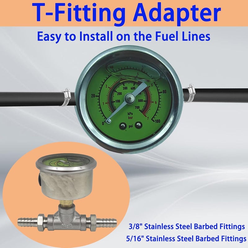 HFVSLFA 0-100psi Glycerin Filled Fuel Pressure Gauge Kit, Fuel Pressure Gauge Kit, 1-1/2" Dial Size Fuel Pressure Gauge for Car, 1/8'' NPT Inline Fuel Pressure Gauge with 3/8'' 5/16'' Barb, Back Mount - Image 5